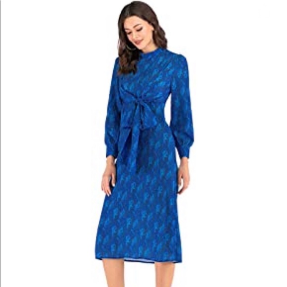 Mock neck Midi Tie Waist Dress - Picture 3 of 7